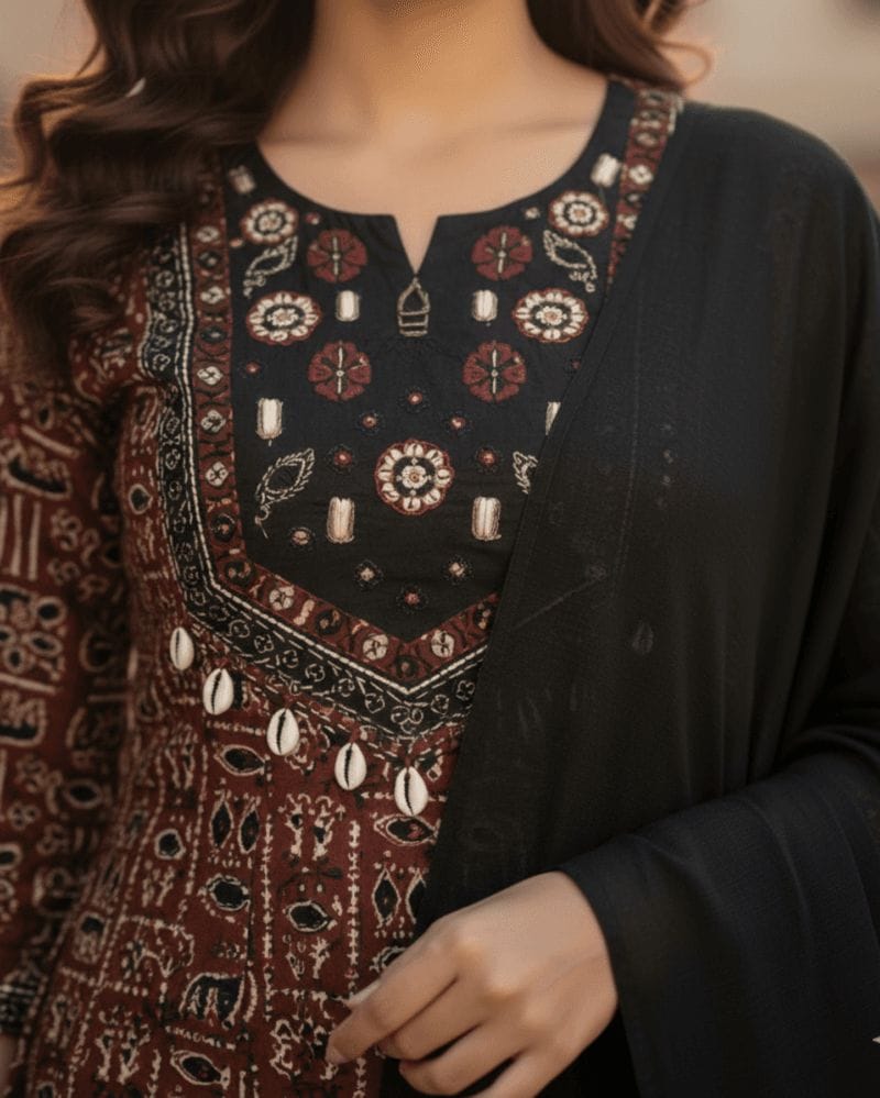 brown printed cotton anarkali suit with solid black dupatta