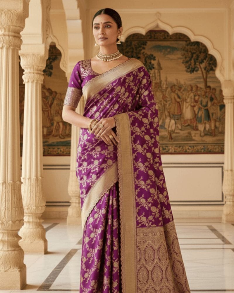 royal purple embellished with ornate gold paisley and floral zari banarasi silk saree