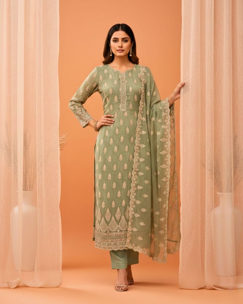 semi stitched sea green soft georgette suit with ivory sequin tree motifs