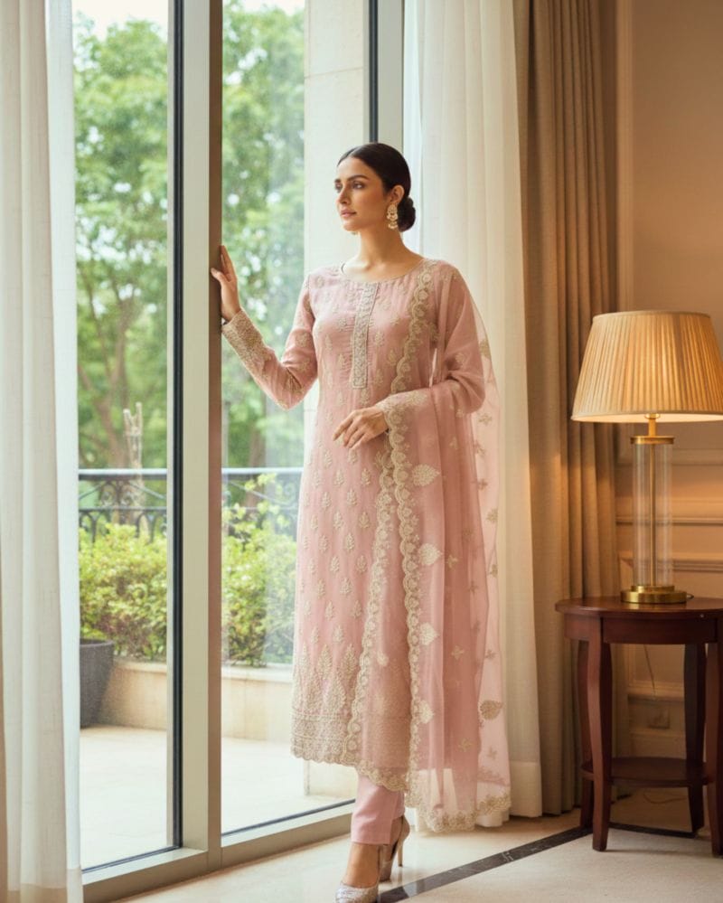 semi stitched plum purple organza suit featuring fine zari and sequin embroidery