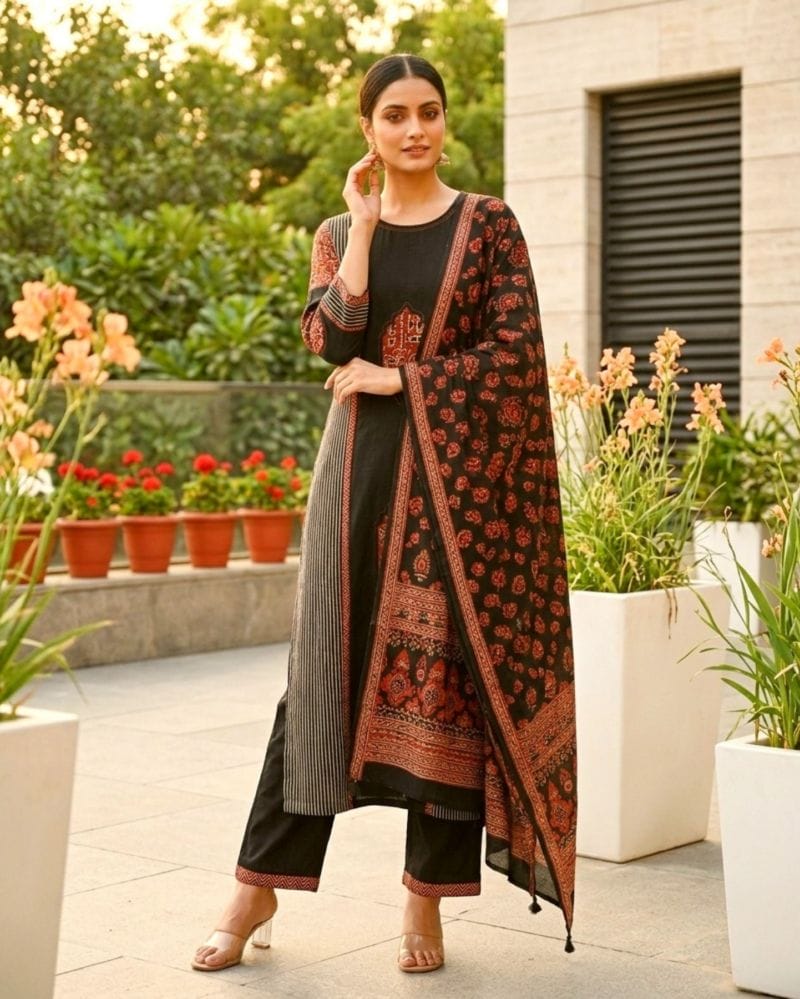 black cotton kurta set with applique work paired with coordinated dupatta