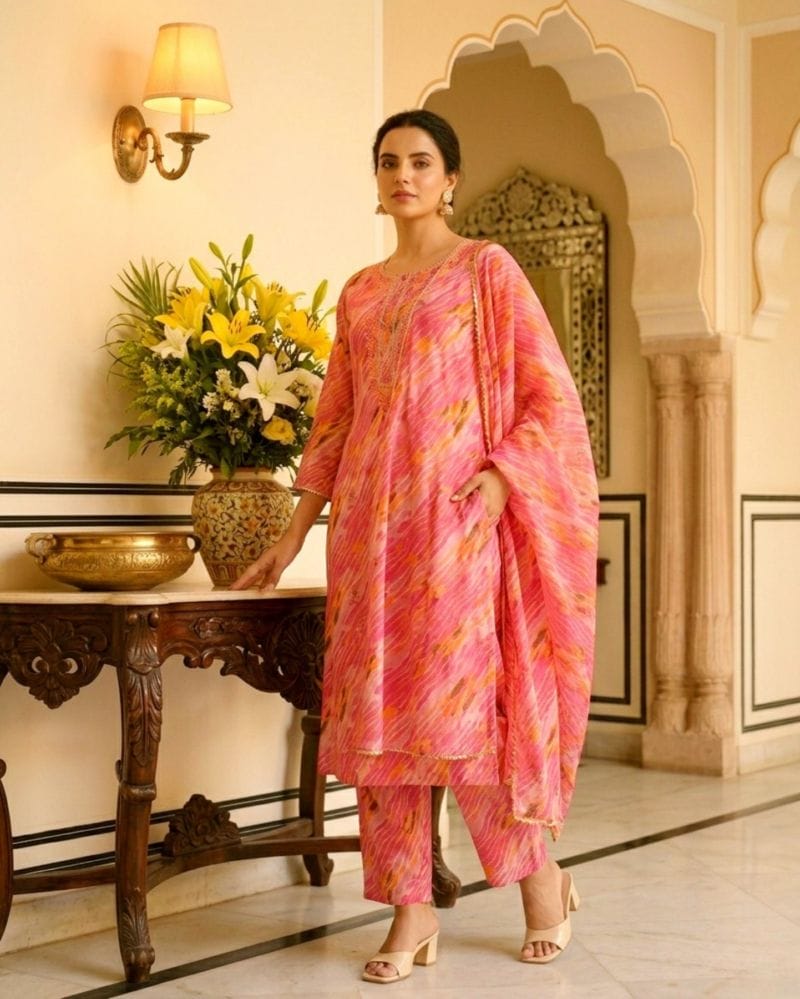 pink leheriya pattern cotton suit set with dupatta