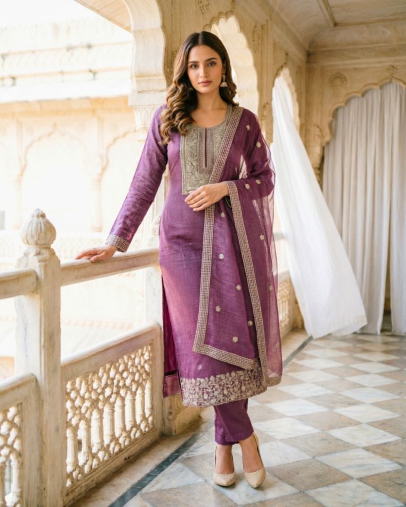 semi stitched plum purple organza suit featuring fine zari and sequin embroidery
