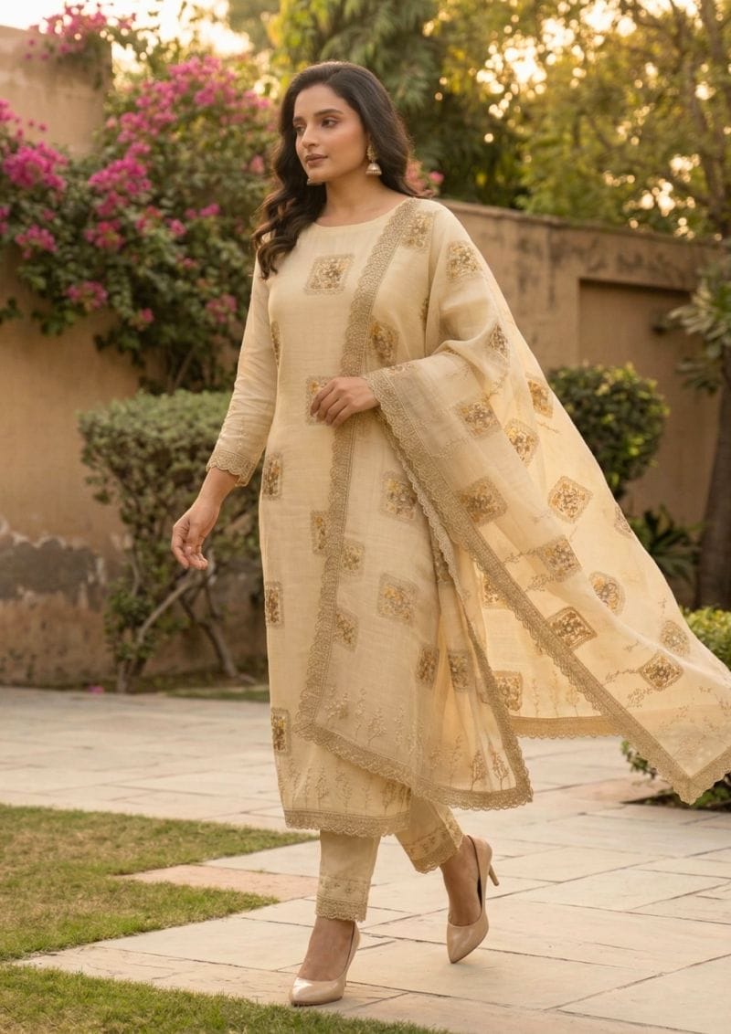 semi stitched mauve lilac chiffon suit with heavy floral sequin border detailing