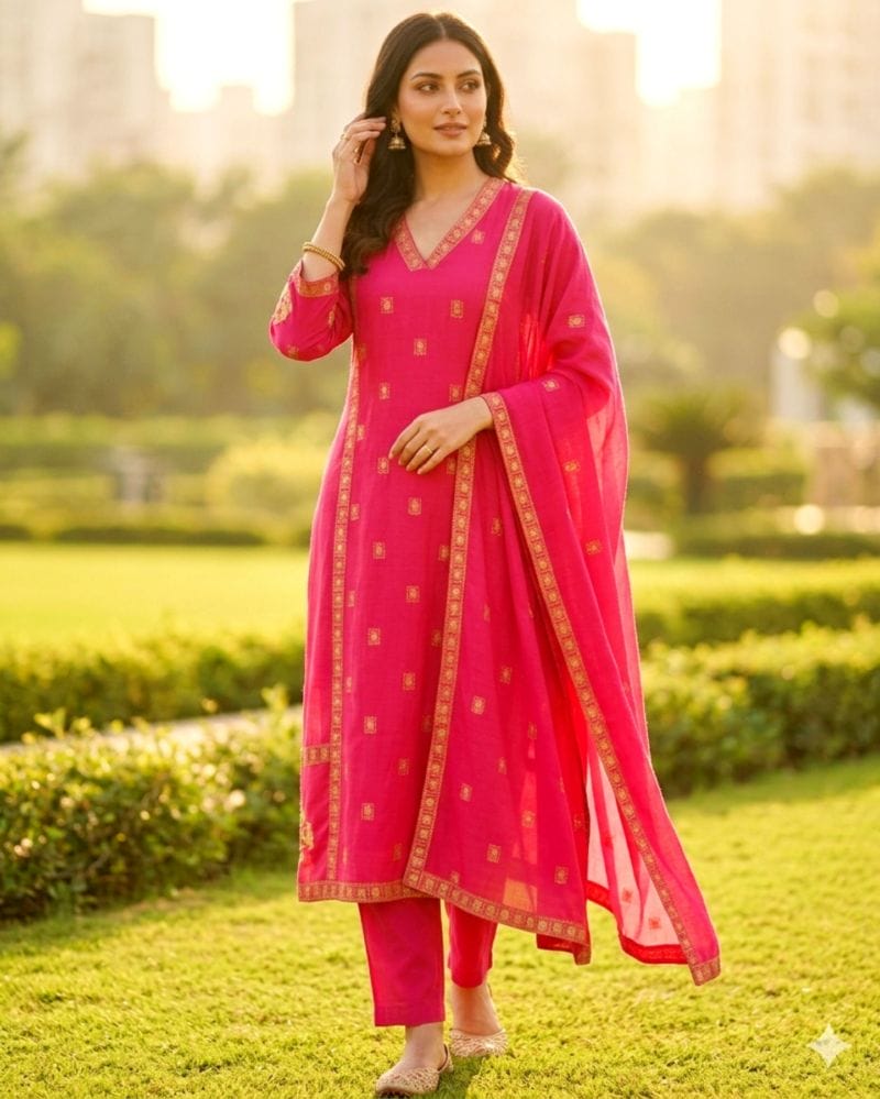 fuchsia pink cotton kurta pant set with dupatta
