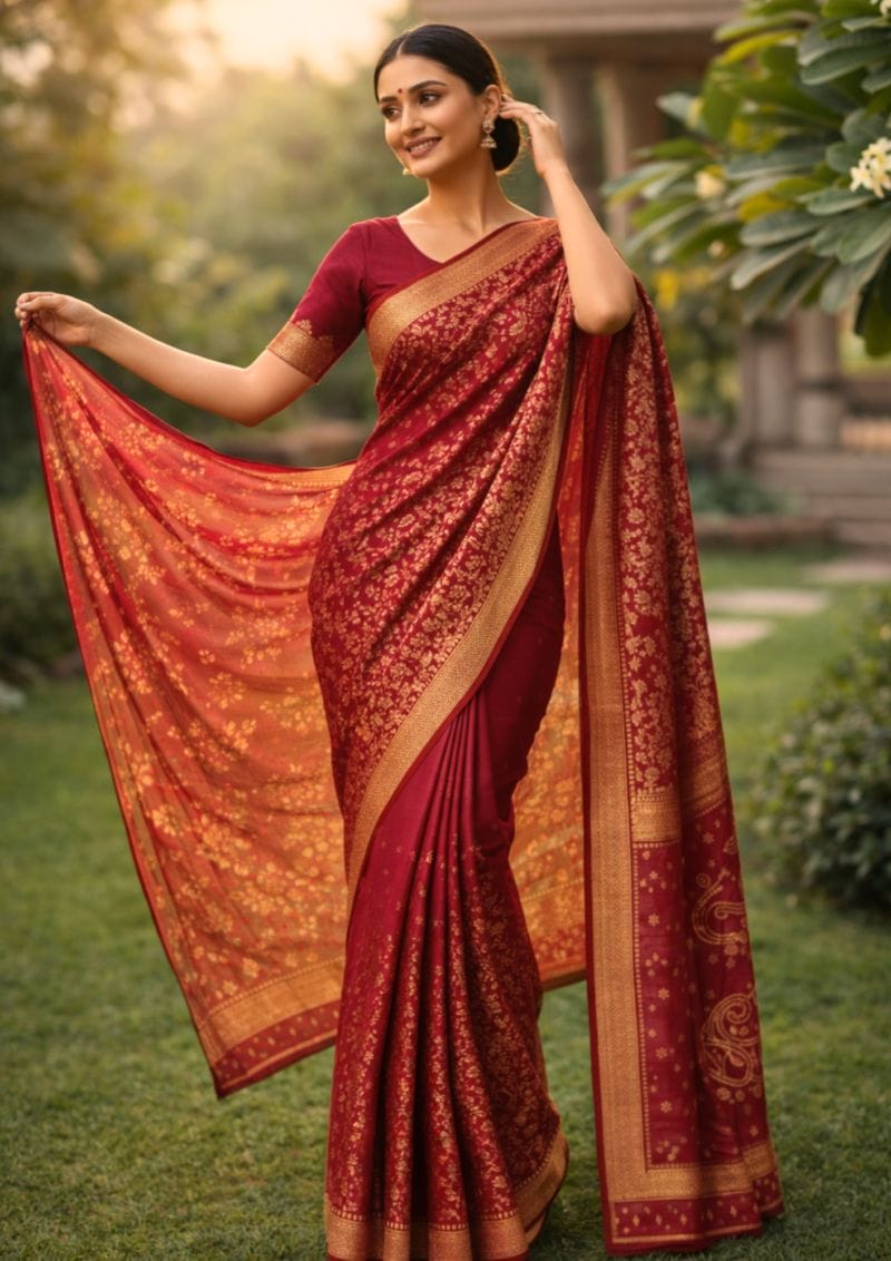 mauve plum banarasi silk saree with intricate gold zari floral work